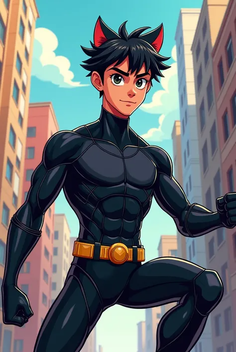 Cartoon boy tennager, not in 3D, like a marvel cartoon, with black hair, wearing a black cat surper hero suit