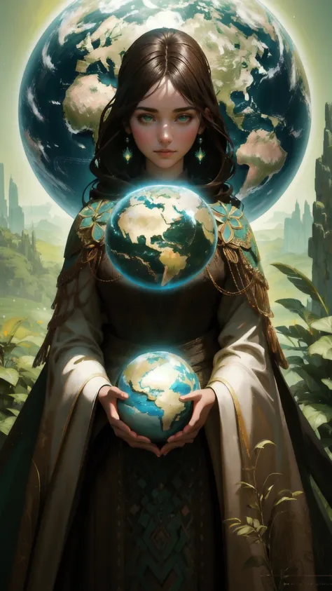 arafed beautiful girl holding a globe in his hands in a brown environment, inspired by igor morski, mother earth, full figured m...