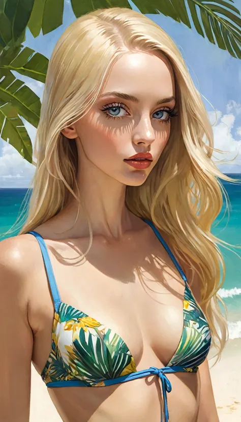 (photorealistic:1.9), (realistic photographic style:1.9), (hyperrealistic), (complexity). Amazing photorealistic portrait of a beautiful woman, long blonde hair, slim, small breasts, bored, spectacular tropical beach in the background, dynamic pose, bikini...