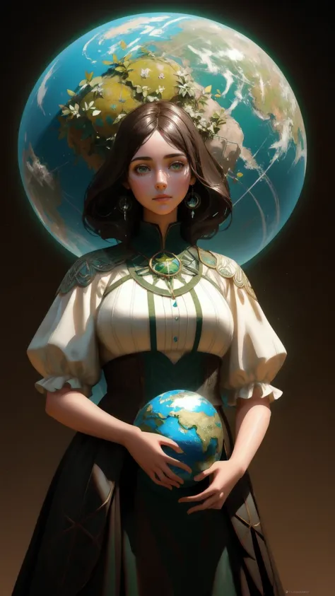 
arafed cute girl  holding a globe in his hands in a brown  environment, a surrealist sculpture inspired by Igor Morski, zbrush central contest winner, environmental art, mother earth, full figured mother earth, environmental artwork, green world, woman ma...