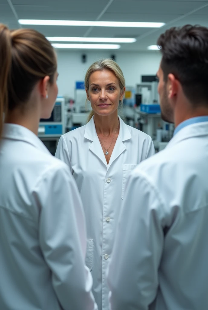 Create two people who are being audited for quality, and the auditor. Who are being audited wearing lab coats, one female and one young man and they are in the lab, the auditor is middle age woman, not animation, photo, their faces are visible. It is an au...