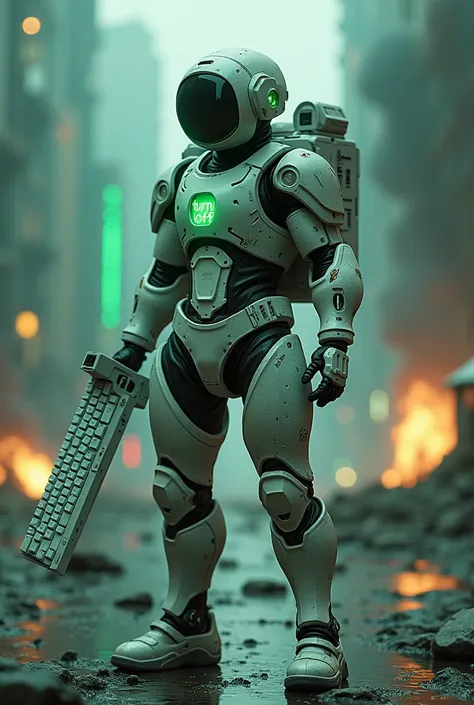 Man wear cyberpunk robocop armor suit white keyboard PC concept. Helmet like PC monitor.. Long mechanize Sword from classic white keyboard. Keyboard pad design as sword. Binoculars eyes.keyboard on chest. Big turn off button logo on chest glowing green ,. ...