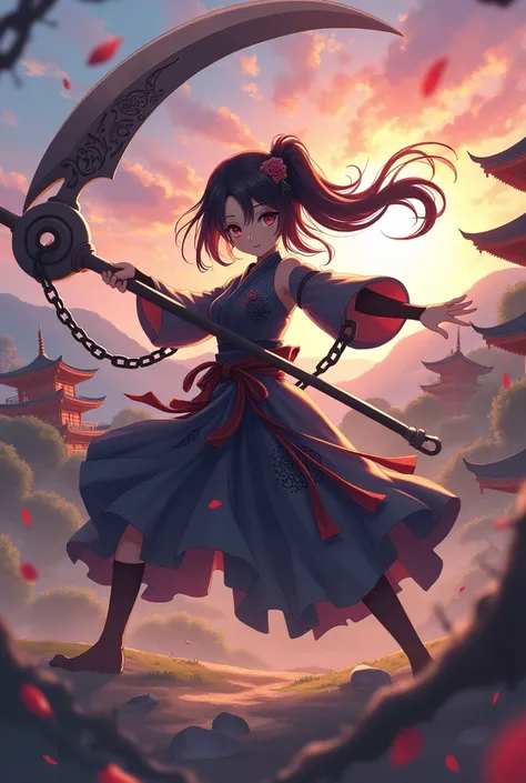 I want you to create a blind anime-style character with a samurai cookie and who fights with two scythes connected to an iron chain 