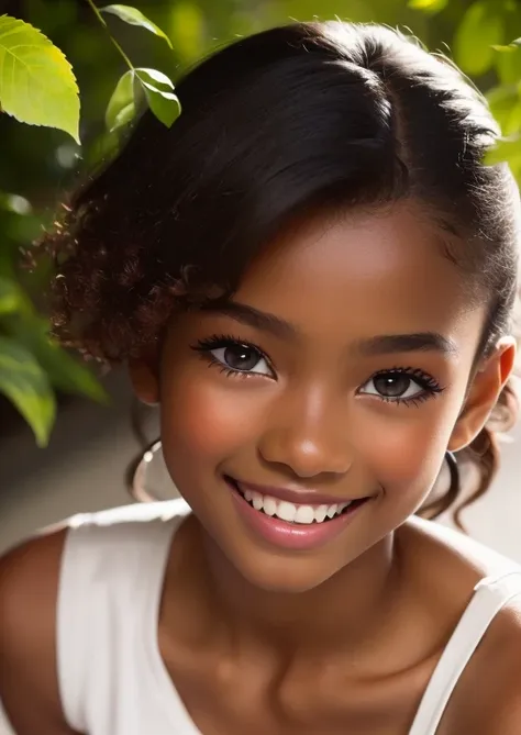 (portrait, editorial photograph) (beautiful black girl), adorable face, long brown curly hair, hazel eyes, by lee jeffries, niko...