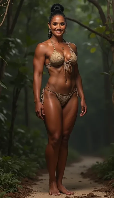 A highly realistic full-body photograph of a tall, mature Mayan shaman woman, around 6, standing confidently with a radiant, joyful expression. Her body is impressively muscular and athletic, with every muscle well-defined and powerfully sculpted. She has ...