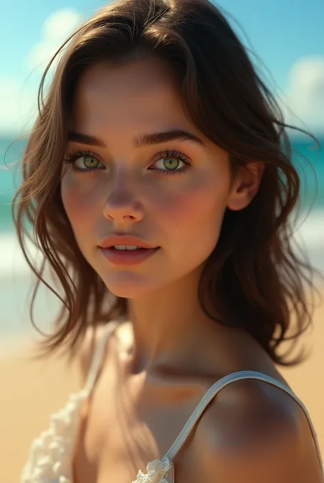 brunette with green eyes on the beach very detailed with human rendering
