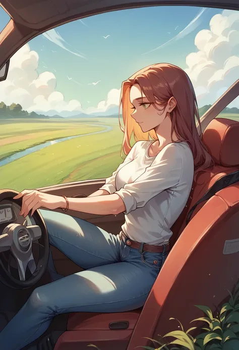 A beautiful girl, wearing tight jeans and top, is driving a tractor in a field filled with water and a few boobs are visible from her top.