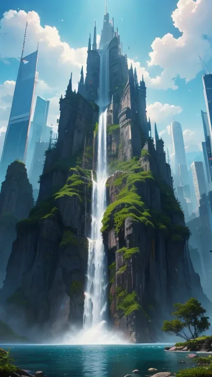 Huge castles and skyscrapers floating in the sky Cyberpunk Otherworld Fantasy Top Quality Ultra HD Utopia 8K Giant Waterfall Nature