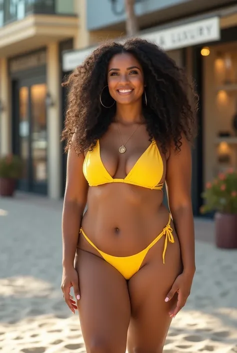 (best quality, realistic:1.37),portrait, young woman,beautiful detailed eyes,beautiful detailed lips,saudi arabian woman,thick eyebrows,thick curly hair,olive skin tone,wearing a yellow bikini,standing on a beach,smiling confidently,full-figured body,thick...