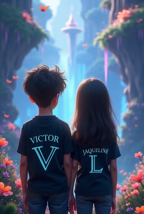 A boy with a black shirt and on his back it says Victor V, and a girl with long hair wearing a black shirt and on the back it says Jaqueline L, in a magical place 