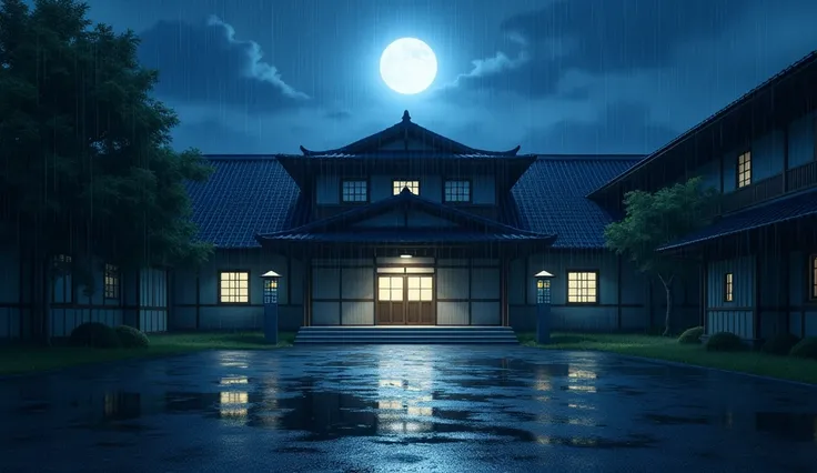 front of a  japanese school,  no people, raining, night, moon, In the style of Makoto Shinkai。master piece, ultra detail, precision, ultra-realistic,
