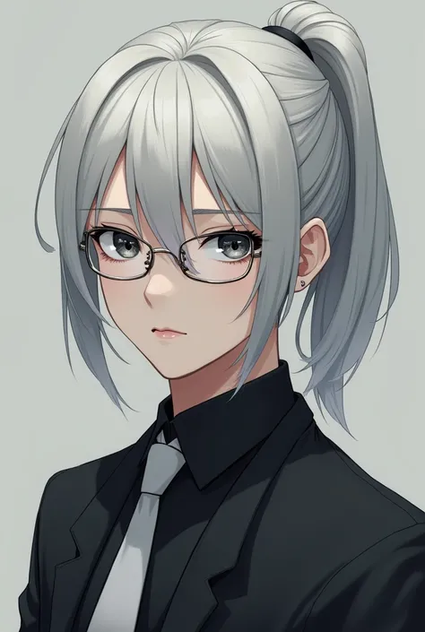 A Cool and emotionless boyish with short ponytail silver Blonde hair and blank onyx colored eyes, mole on the bottom right cheek and a silver framed glasses 