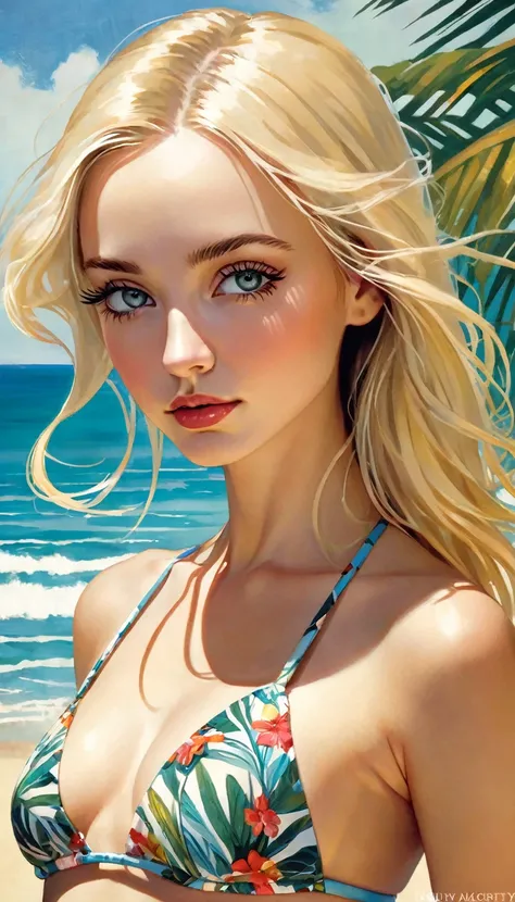 (photorealistic:1.9), (realistic photographic style:1.9), (hyperrealistic), (complexity). Amazing photorealistic portrait of a beautiful woman, long blonde hair, slim, small breasts, bored, spectacular tropical beach in the background, dynamic pose, bikini...