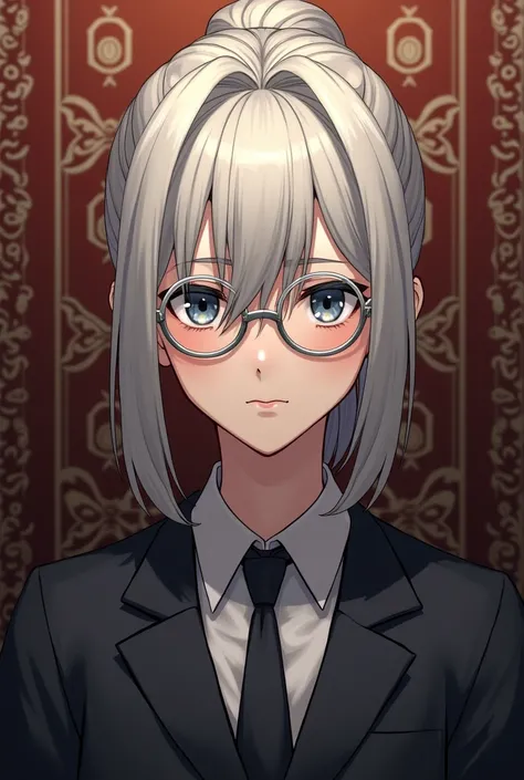 A Cool and emotionless boyish with short ponytail silver Blonde hair and blank onyx colored eyes, mole on the bottom right cheek and a silver framed glasses with a regal background 