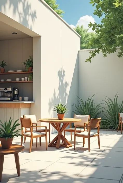 1200 square feet land Above it is a cafe which has no wall, an open area with a decorative table and chair and in a corner counter There is a coffee machine and cafe equipment on top of it and a plant is kept on the table  