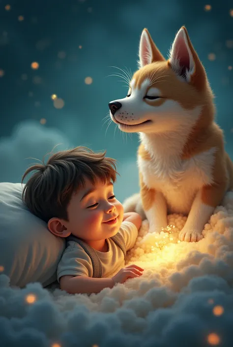 Picture a boy dreaming about a cat or dog