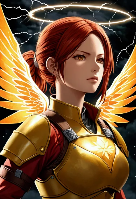 Claire Redfield with orange long curly hair tied in a ponytail and an angelic halo, wearing yellow fantasy armor uses the magic of air, lightning and light