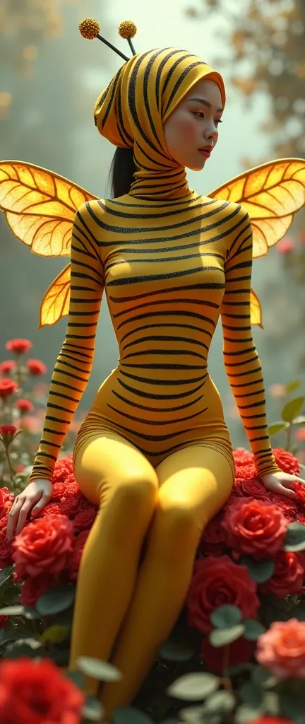 the beautiful,slender thin and prettiest Asian muslimah adult girl with beautiful cheeks wears striped yellow bee lycra turtleneck unitard catsuit covered with seamless black stripes with a pair of bee wings and always wear bee lycra elastane stretchy danc...