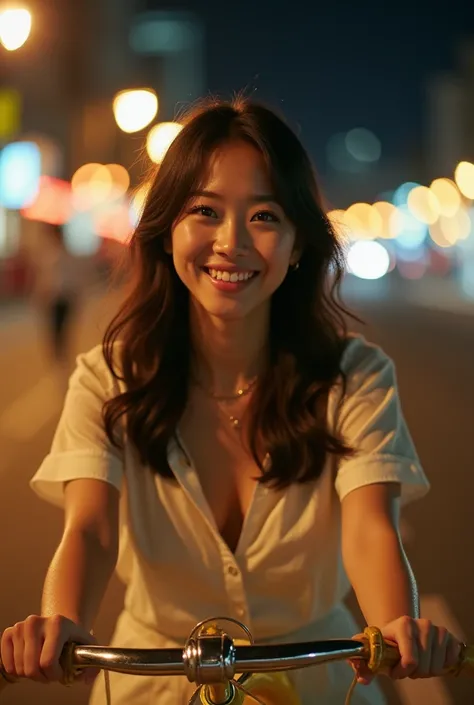 Japanese woman riding a yellow bicycle、(Long Wavy Hair:1.1)、Great cinema lighting、Very atmospheric and romantic lighting、Sparkling night view、Blurred night view、Perfect Anatomy、Slender body, Look at me and smile、Perfect Makeup、Long eyelashes、Ultra-high res...