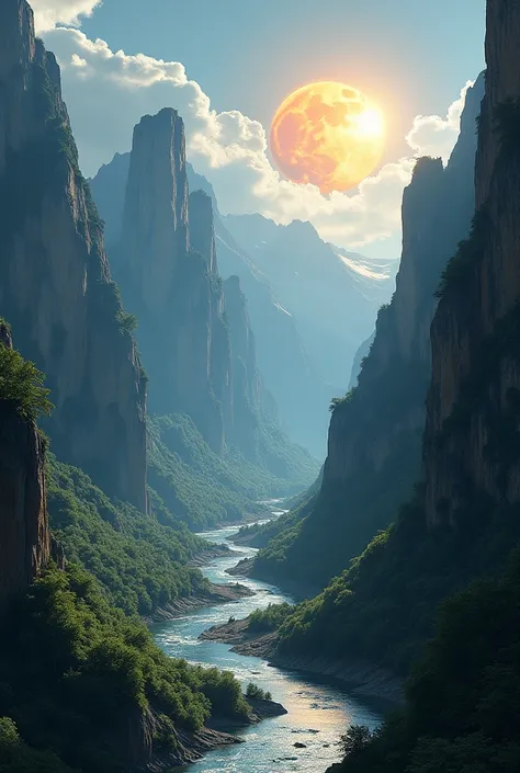 Mountain gorge, The sun is at its zenith, the river flows along the bottom of the gorge, the outlines of a monument are carved into a rock in the gorge