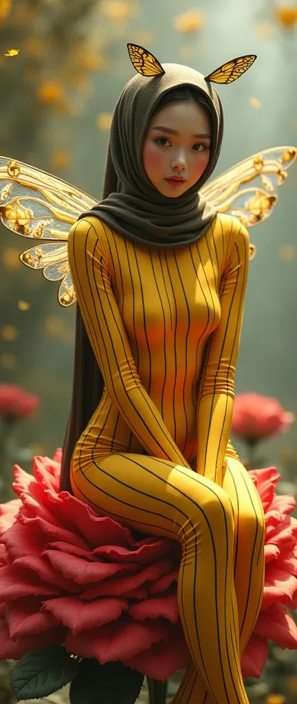 the beautiful,slender thin and prettiest Asian muslimah adult girl with beautiful cheeks wears striped yellow bee lycra turtleneck unitard catsuit covered with seamless black stripes with a pair of bee wings and always wear bee lycra elastane stretchy danc...