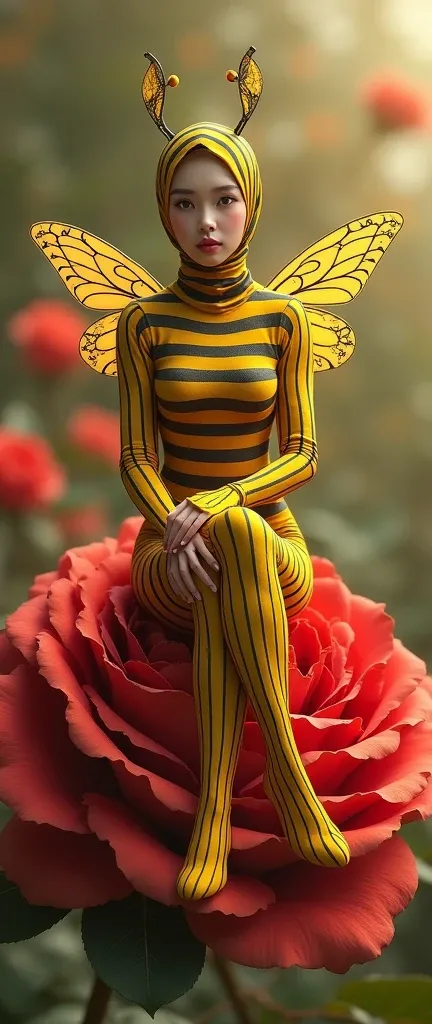 the beautiful,slender thin and prettiest Asian muslimah adult girl with beautiful cheeks wears striped yellow bee lycra turtleneck unitard catsuit covered with seamless black stripes with a pair of bee wings and always wear bee lycra elastane stretchy danc...