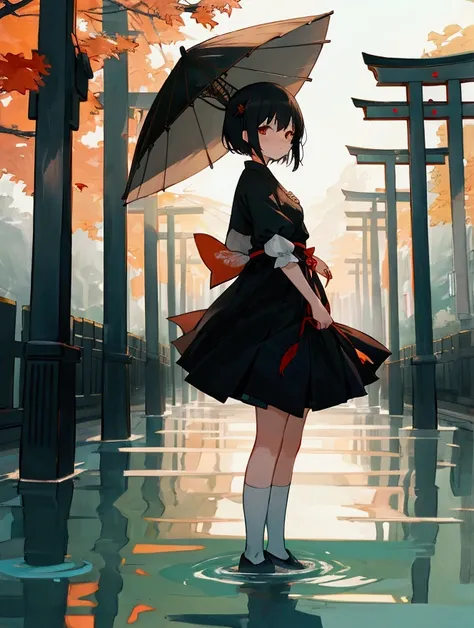 There is a woman standing on the sidewalk looking at the water.。, Chiho, Hime cut, Ishida Sui with black hair, 白Hime cutヘアスタイル, Short Hair, Yoshitomo Nara, shinsui ito, Torii Qing Yuan Works, My motto is Teshirogi, shikamimi