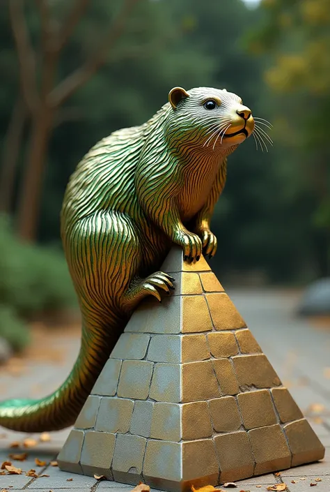 Ultra-resilient image of a shiny gold and green beaver sculpture atop a pyramid 