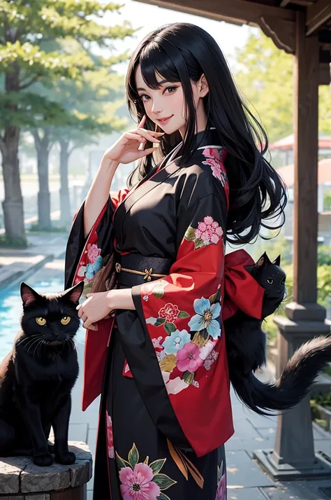 Bust-up of a beautiful black-haired woman in a kimono smiling while holding a black cat