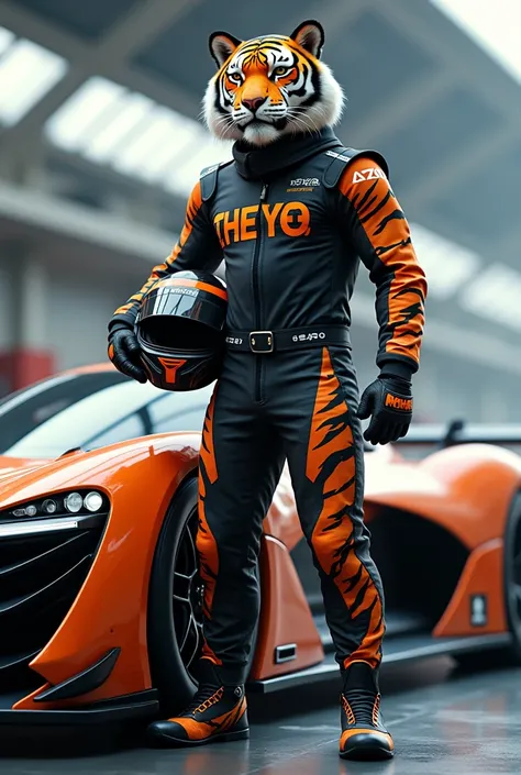  tiger as a racing car driver next to its car with player costume and helmet is in hand