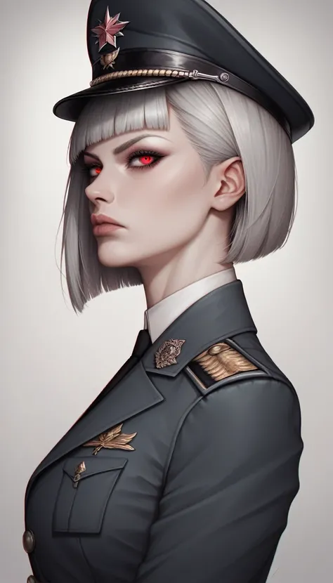 score_9, score_8_up, score_7_up, source_anime, best quality, amazing quality, absurdres, very aesthetic, 1girl, beautiful detailed eyes, beautiful detailed lips, military caps, military uniform, red eyes, short hair, grey hair, Bob Cut, holding army handgu...