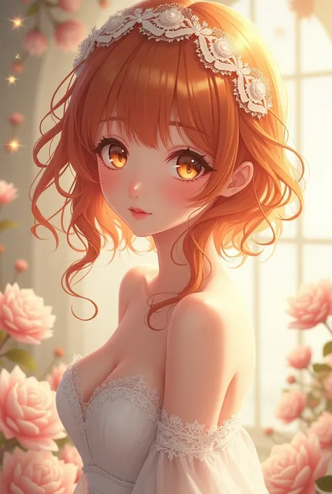 a woman about 2. She has orange hair, sparkling golden brown eyes and wears a white wedding dress and a lace headband. anime characters