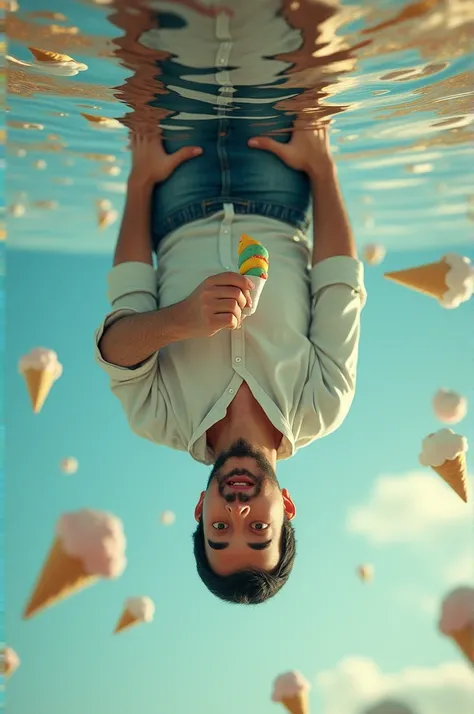 A man upside down picture with eating ice cream 