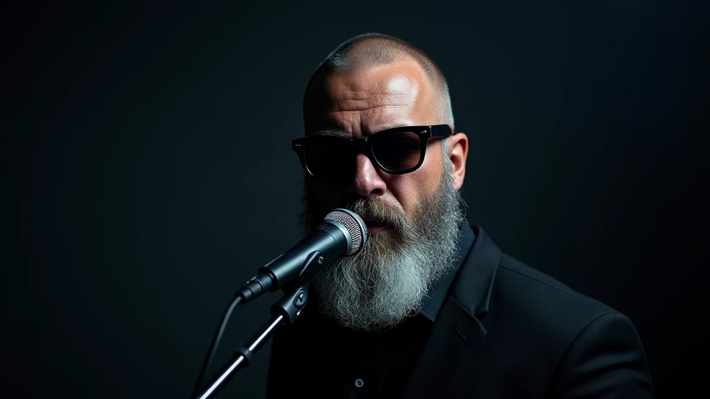 1 male, 4 beautiful male, short shaved silver spanish beard, dark sunglasses, emotion singing into a microphone in dark room with lights то focus, studio portrait 