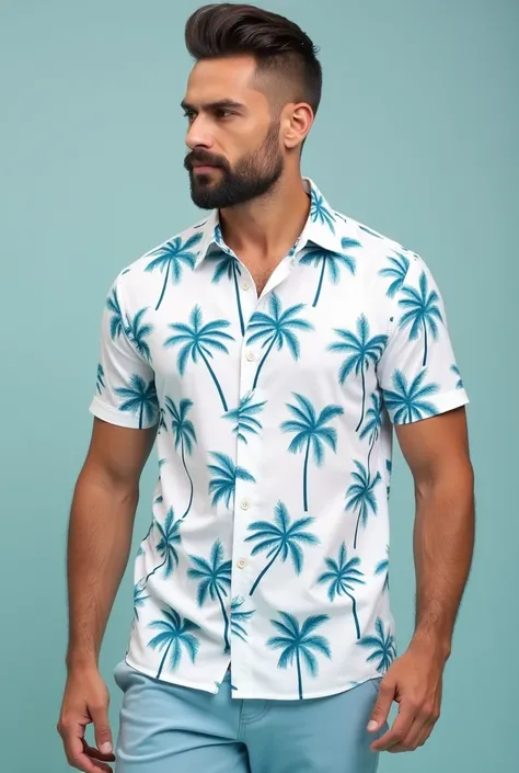 A white shirt with Cuban collar and simple ocean blue palm pattern 
