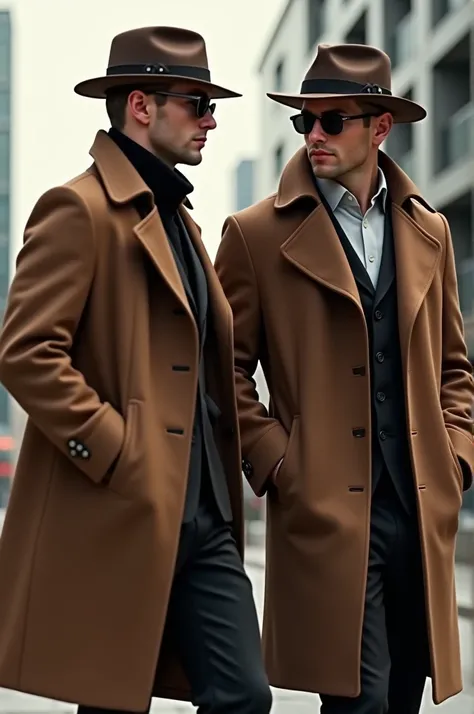 2 male, short hair light brown color, brown overcoat, sunglasses and brown hat