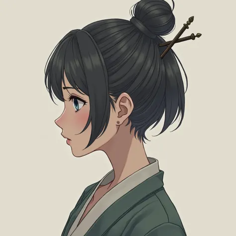 Semi-realistic anime style Chinese woman。Short dark grey hair、The hair is tied in a bun with two elaborate steel rods., Standing facing forward、