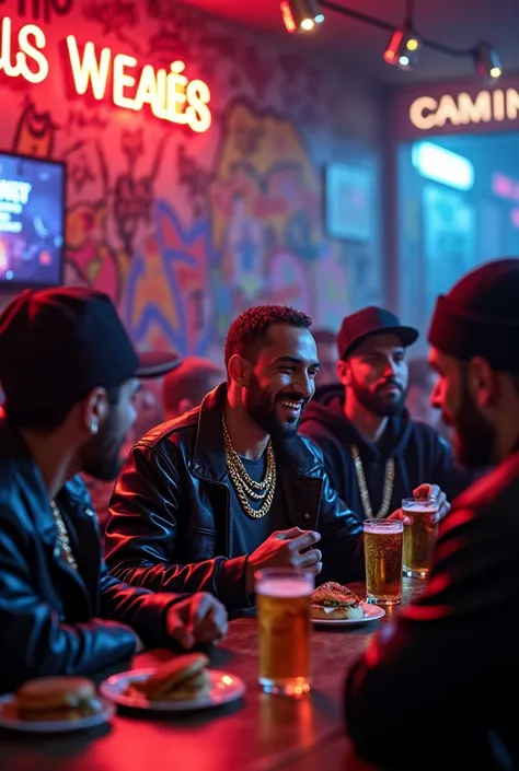 Turkish rappers with chains eating hamburger and drinking beer together, neon lights, graffitis on the walls, a bar