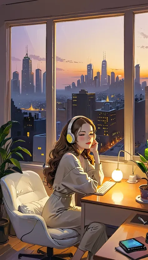 a young woman is sitting comfortably in a modern, cozy room with a cityscape visible through a large window at night. the main o...