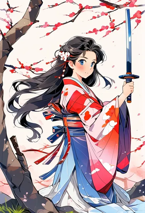 kinomoto sakura，Sword in both hands，Under the cherry tree，Kimono long hair, blue eyes, , Black Hair, smile, Overlooking, Anime Style, Ghibli-style colors, 