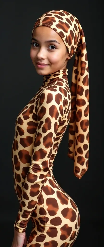 The beautiful,slender thin and clever asian muslimah adult girl with beautiful and shiny cheeks wears  giraffe print lycra turtleneck unitard catsuit covered with spots and  giraffe print lycra elastane stretchy dancewear square hijab covered with spots.Sh...