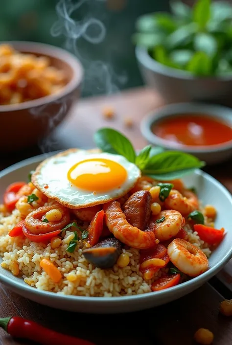 Stir-fried seafood with basil over rice + fried egg. Create a colorful macro shot of a very spicy stir-fried basil with pork, shrimp, sliced ​​squid, clams and crab meat, over rice with a Thai-style fried egg with smoke rising. High. On the table is a bowl...