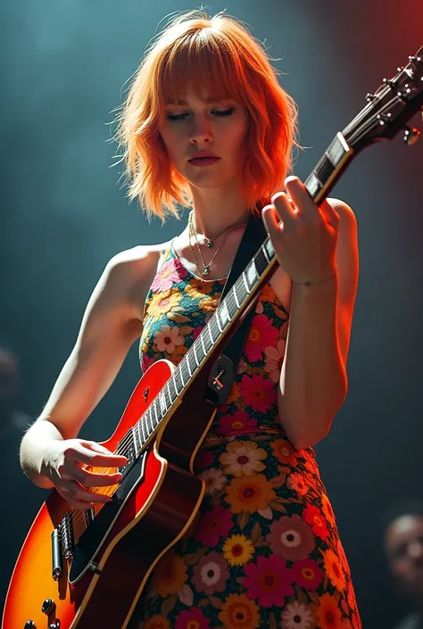 awesome beautiful hayley williams playing guitar wearing a Stunning Masterpiece of colorful geometric floral pattern dress in acuarela style, beautiful, incredible  realistic forms and textures. Excessive detailed,, best quality, 12k, hdr+, accurate photo 