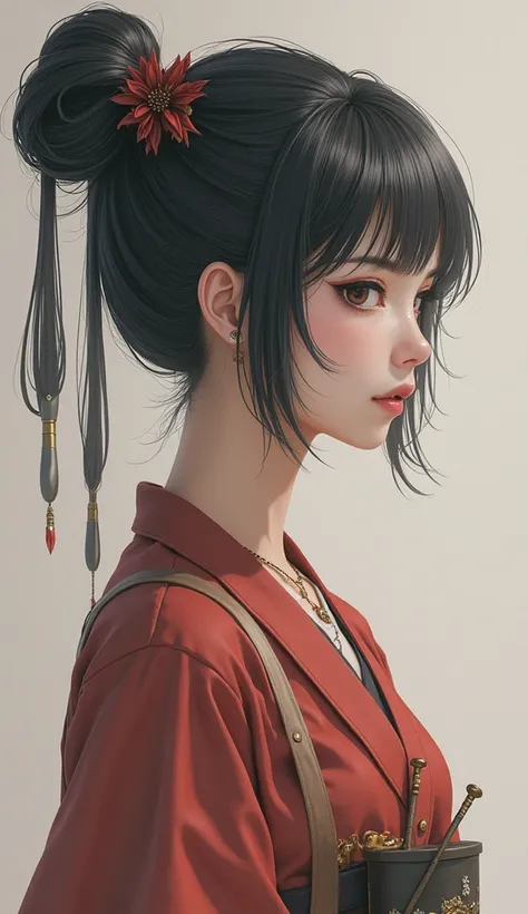 Semi-realistic anime style Chinese woman。Short dark grey hair、The hair is tied in a bun with two elaborate steel rods., Standing facing forward、