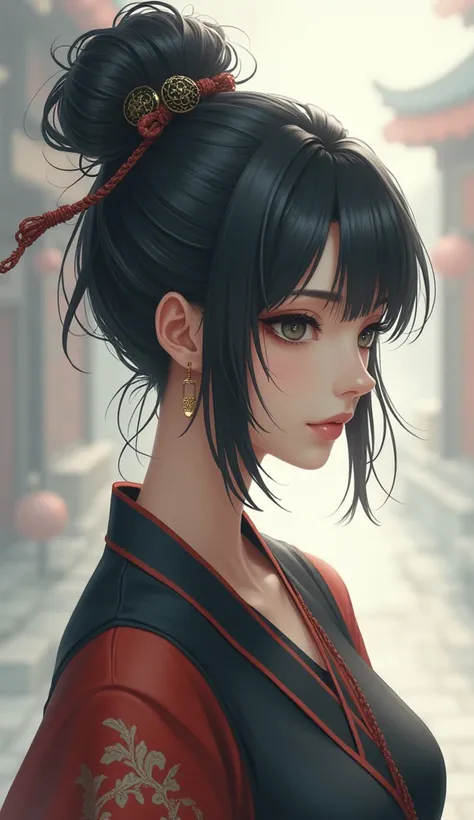 Semi-realistic anime style Chinese woman。Short dark grey hair、The hair is tied in a bun with two elaborate steel rods., Standing facing forward、