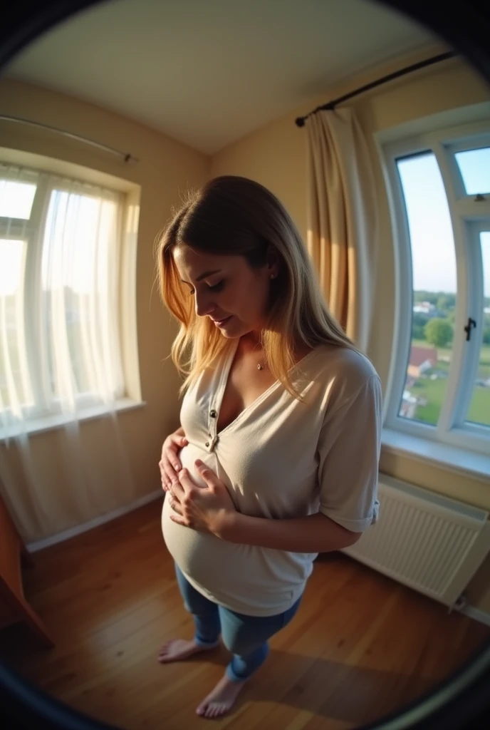 Your POV view when you have a heavily pregnant Dutch mother at home. fisheye camera view, iphone camera style. HD, realface, cinematic