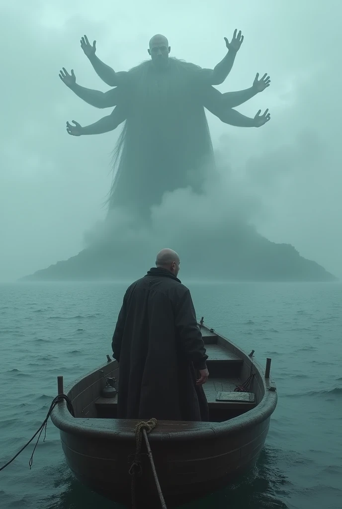 A bald young man drove a fishing boat and came across a mysterious island. And he saw a giant as big as a person with many arms standing on the island in the dark amidst the atmosphere full of fog.