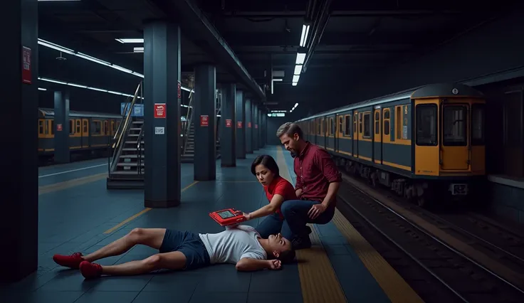 Scene at subway station，A subway train passing by in the background，Someone in front is using an AED to rescue the person lying down，3d，OC Renderer，High quality local rendering, Clean 3D Rendering，Hyper-realistic 3D rendering