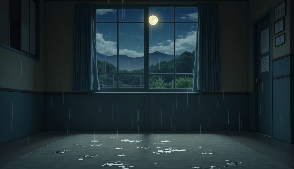   japanese school corridor, no people, raining, night, moon, In the style of Makoto Shinkai。master piece, ultra detail, precision, ultra-realistic,
