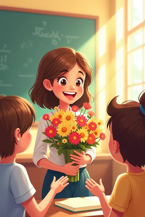 Emily Eldridge style，Cartoon cute drawing style， sunny, bright background classroom, teaching blackboard, a teacher holding flowers, smiling, some students around clapping some holding flowers, very happy, sharpie markers illustration，flat style，simple lin...